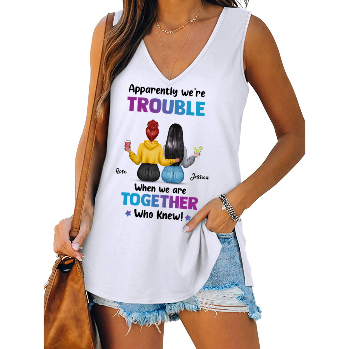We're Trouble Besties Back View Personalized Women Tank Top V Neck Casual Flowy Sleeveless