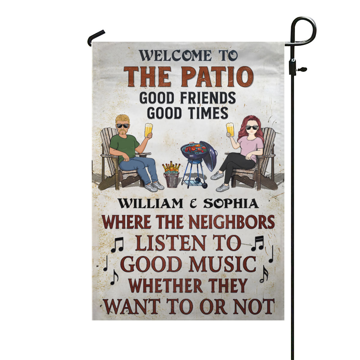 Patio Grilling Listen To The Good Music Couple Husband Wife Vertical - Personalized Graden & House Flag