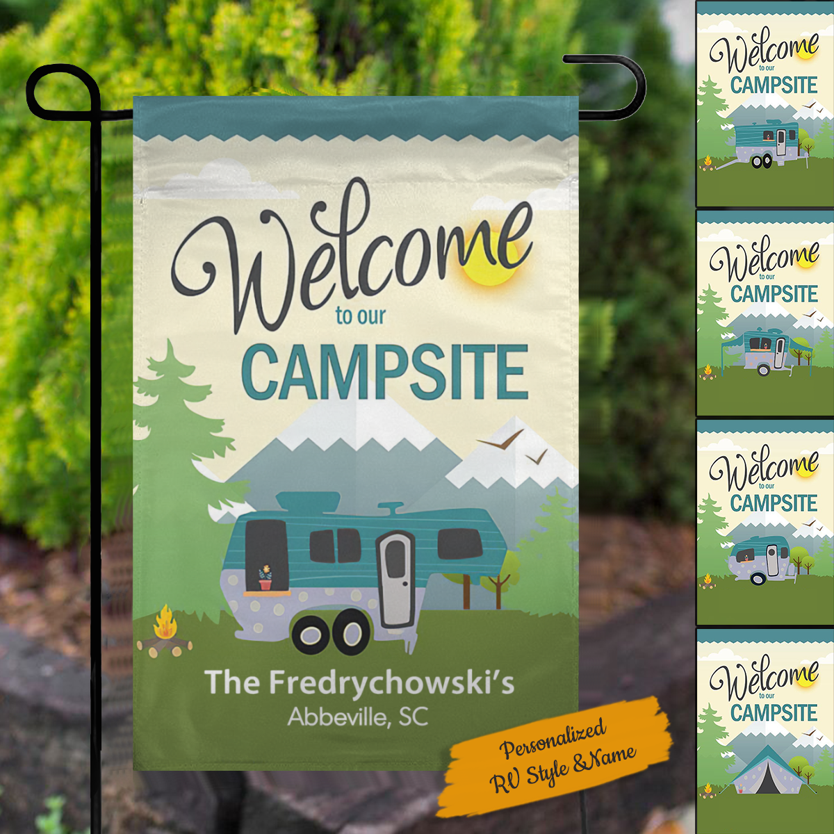名入れRVキャンプアウトドアフラッグ「Welcome To Our Campsite」 No.8FB8PY