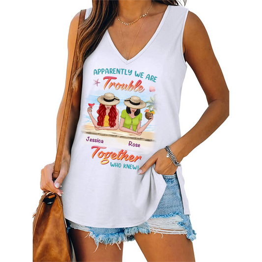 Summer Vibe Besties Personalized Women Tank Top V Neck Casual Flowy Sleeveless