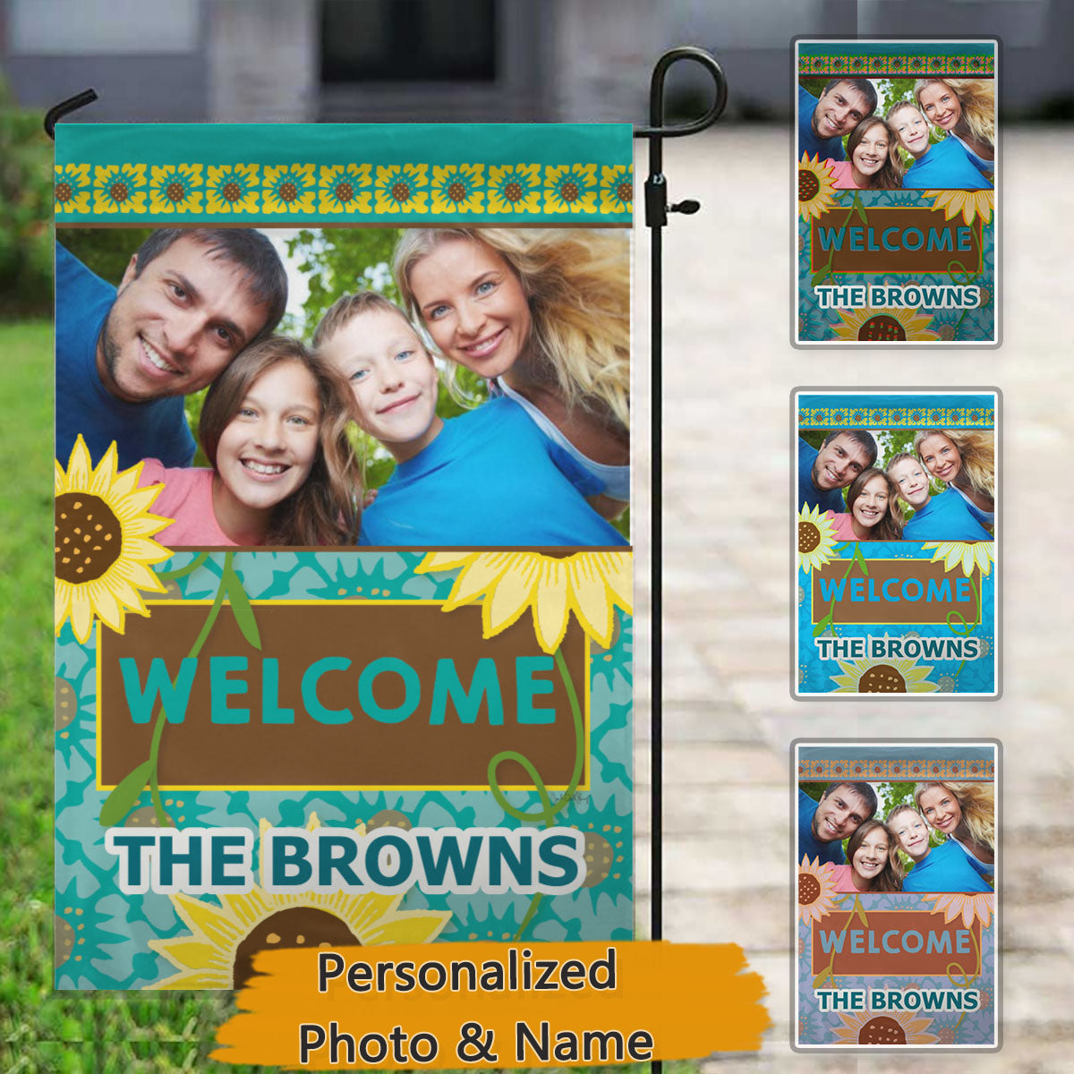 Sunflowers Welcome – Personalized Photo & Family Name Garden & House Flag