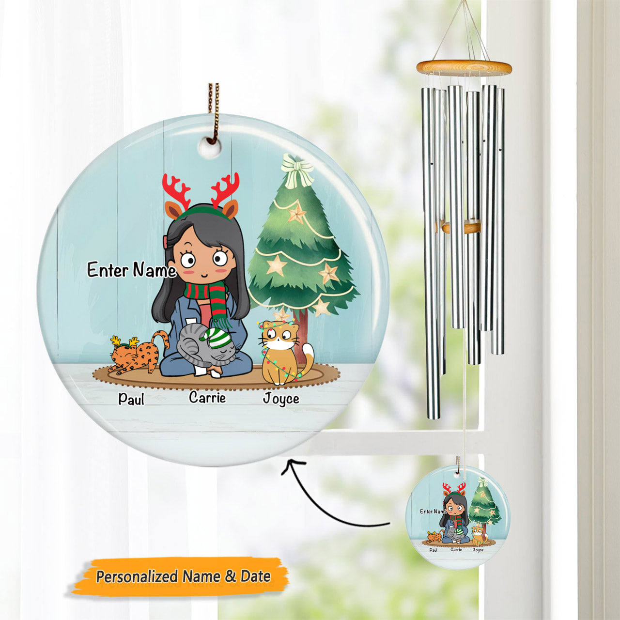 A Girl And Her Pets Personalized Cat Decorative Christmas Wind Chime