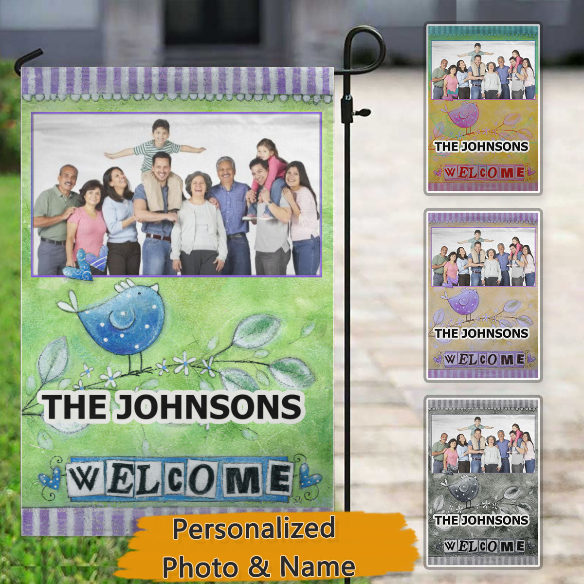 Welcome Bird – Personalized Photo & Family Name Garden & House Flag