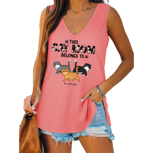 This Cat Mom Belongs To Walking Fluffy Cat Personalized Women Tank Top V Neck Casual Flowy Sleeveless