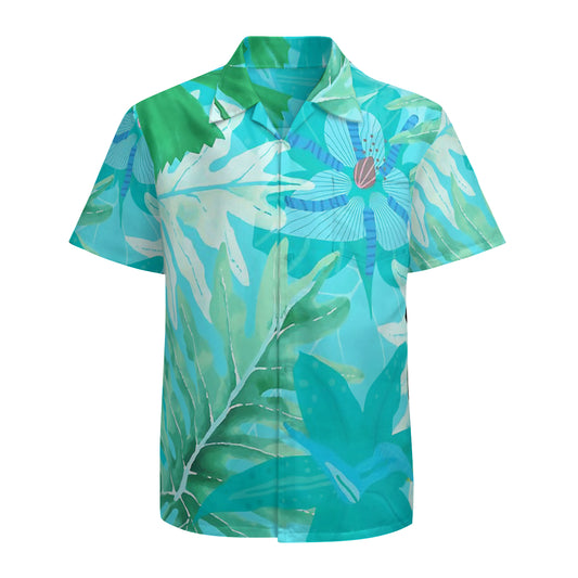 Abstract Teal Aloha Tropical Foliage Pattern Graphic Hawaiian Shirts No.95PG5Z