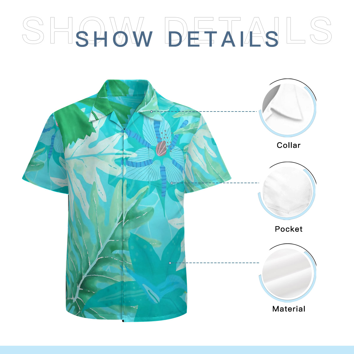 Abstract Teal Aloha Tropical Foliage Pattern Graphic Hawaiian Shirts No.95PG5Z