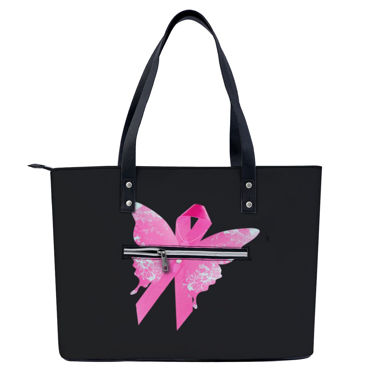 Pink Ribbon Butterfly Black Shoulder Bag NO. 9D8Z6J