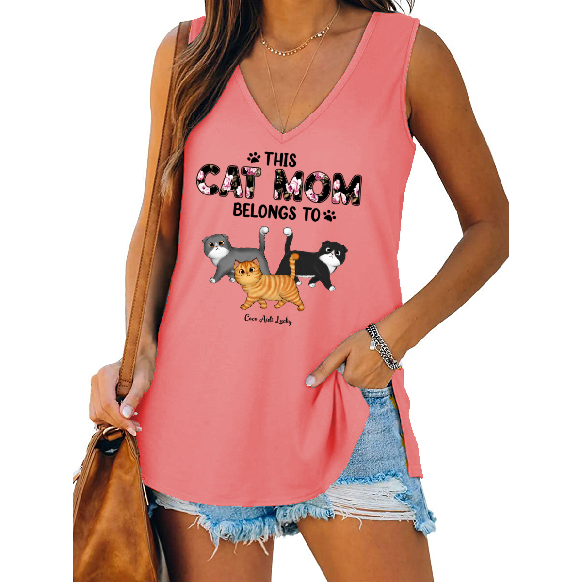This Cat Mom Belongs To Walking Fluffy Cat Personalized Women Tank Top V Neck Casual Flowy Sleeveless
