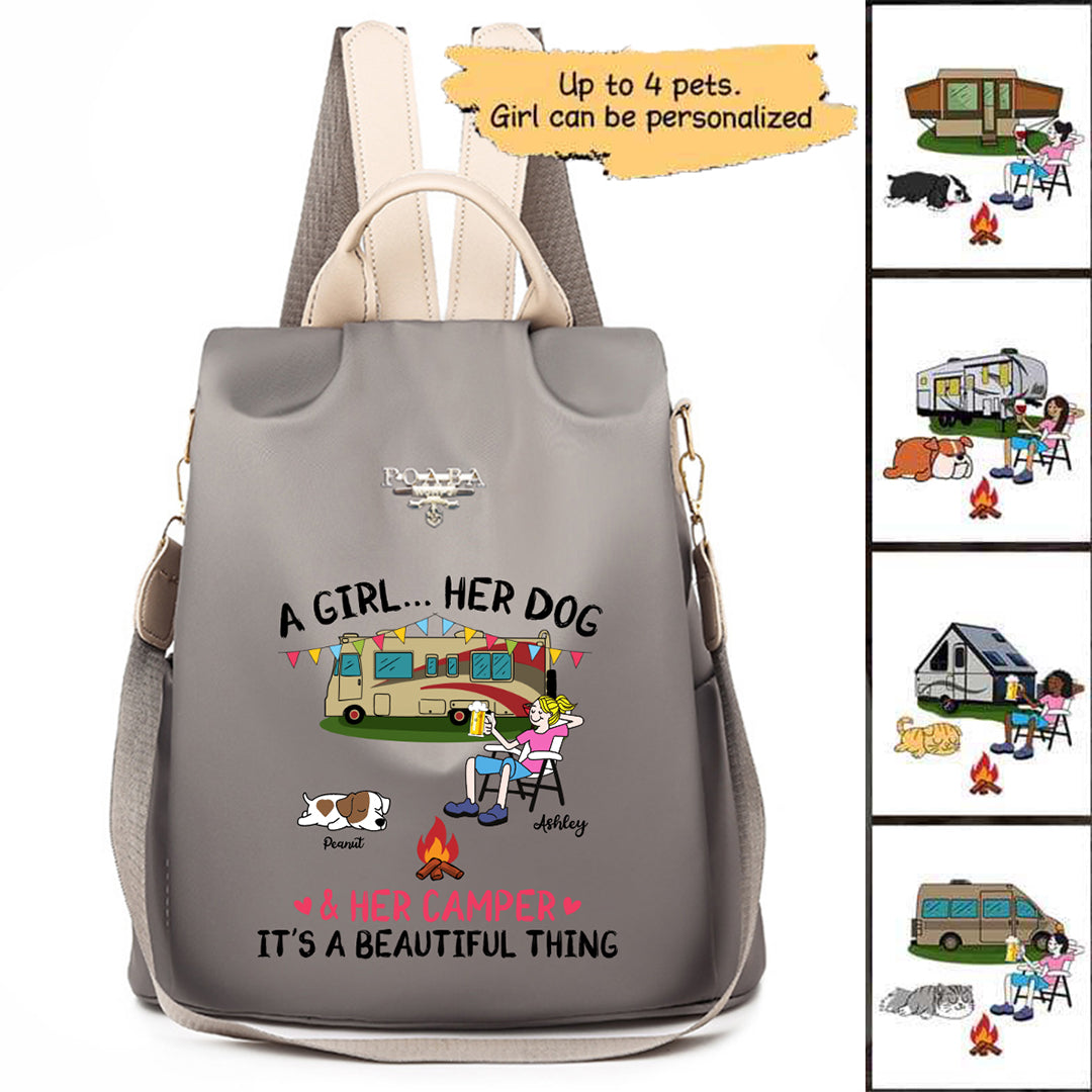 A Camping Girl And Her Fur Babies Personalized Backpack