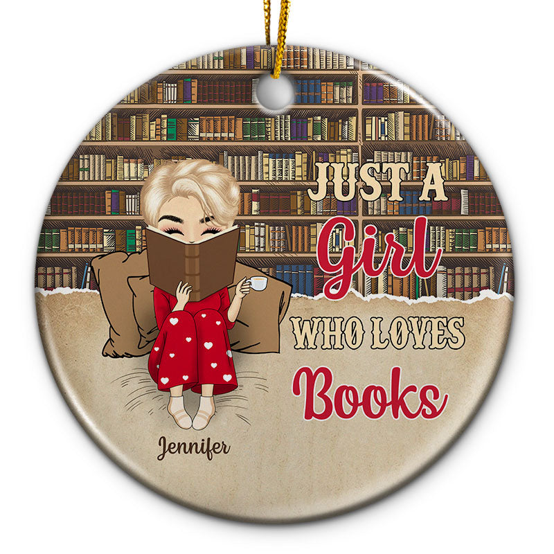 Christmas Reading Bookshelves Just A Girl Who Loves Books - Personalized Custom Circle Ceramic Ornament