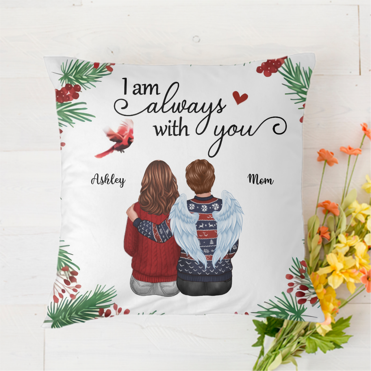 Always With You Holly Branch Memorial Personalized Polyester Linen Pillow