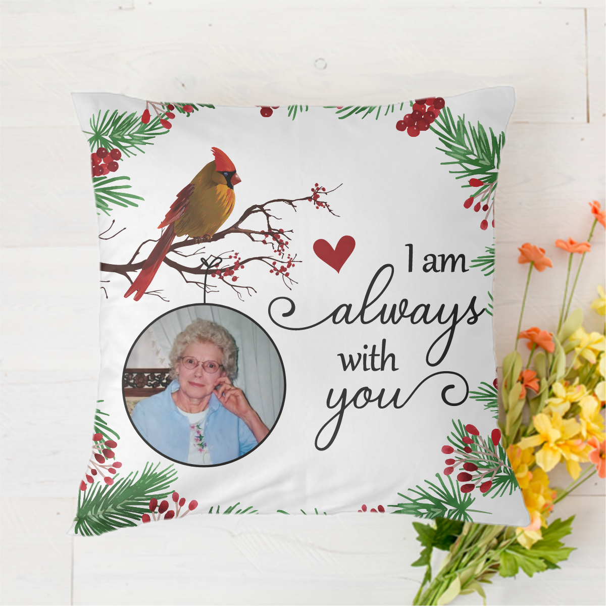 Always With You Holly Branch Custom Photo Personalized Polyester Linen Pillow