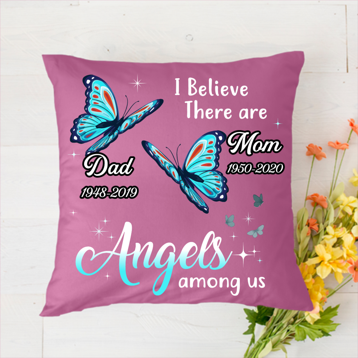Angels Among Us Butterfly Memorial Personalized Name & Date Polyester Linen Pillow