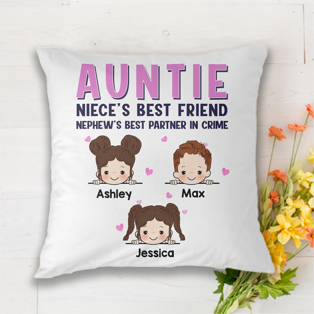 Aunt Best Friend And Partner In Crime Pink Patterned Personalized Pillow