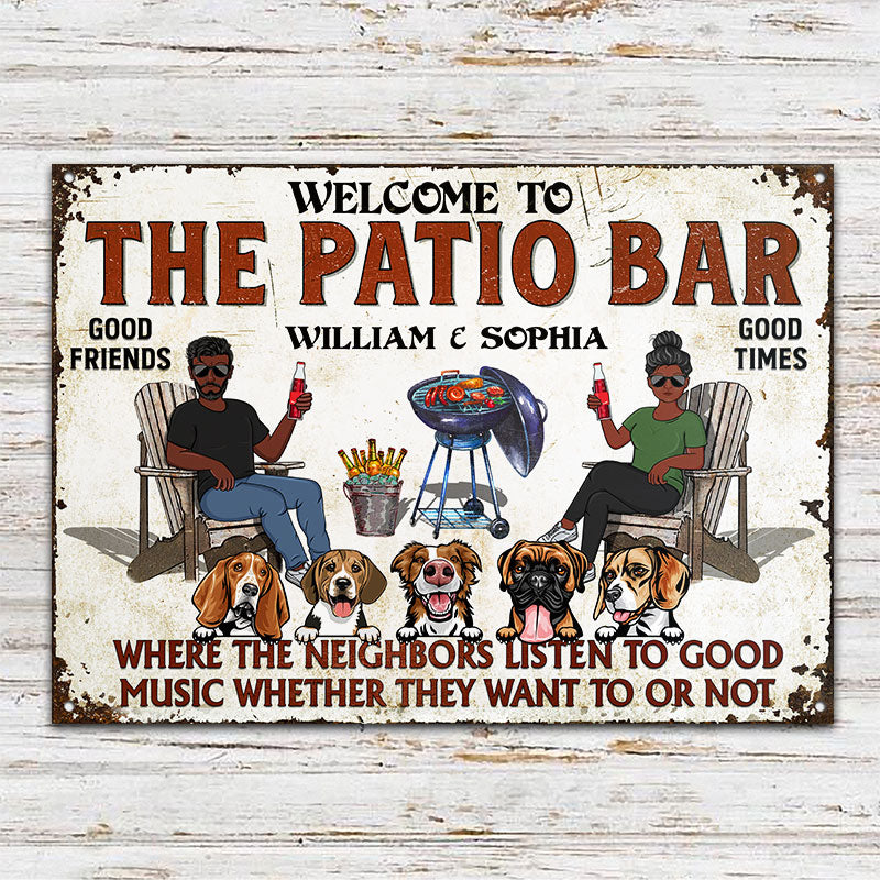 Patio Grilling Listen To The Good Music Couple Husband Wife Dog Lovers - Backyard Sign - Personalized Custom Classic Metal Signs