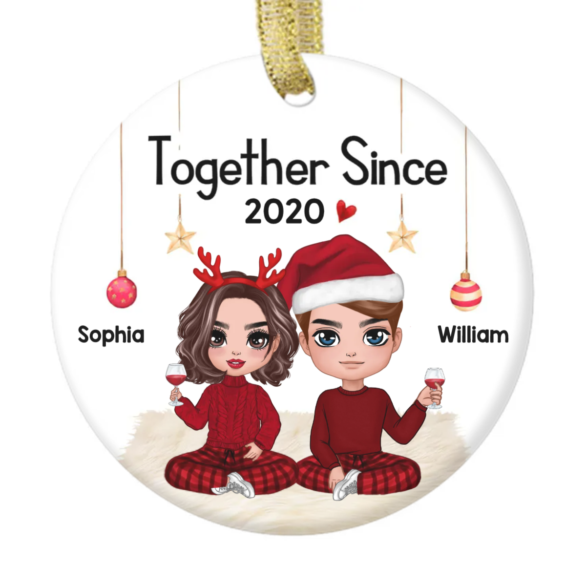 Doll Couple Sitting Christmas Gift For Him For Her Personalized Circle Ornament