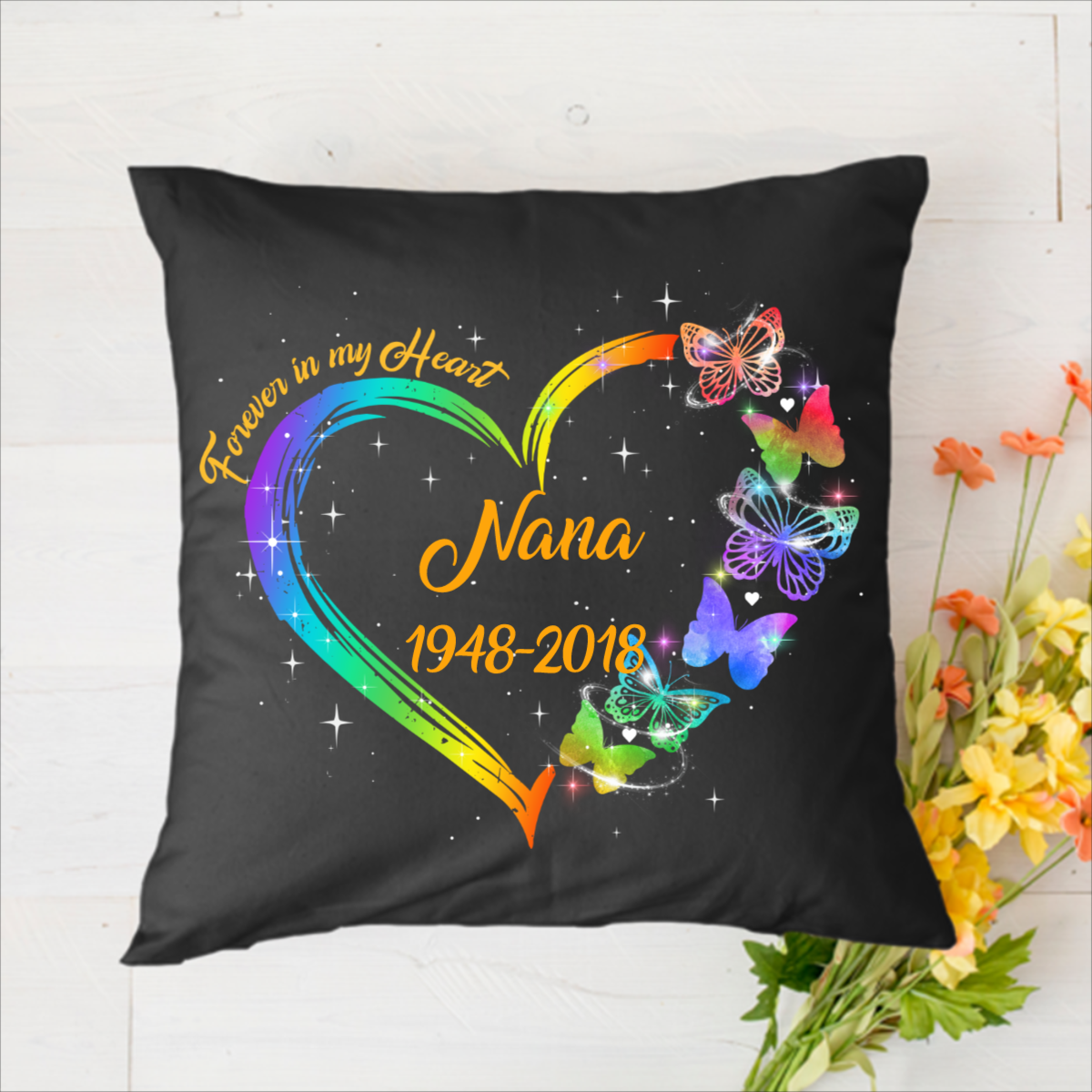 Butterflies Heart Memorial Personalized Name & Date Polyester Linen Pillow