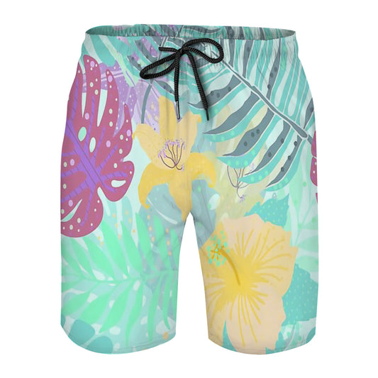 Turquoise Teal Abstract Aloha Tropical Foliage Pattern Graphic Men's Swim Trunks No.CGM6Y3