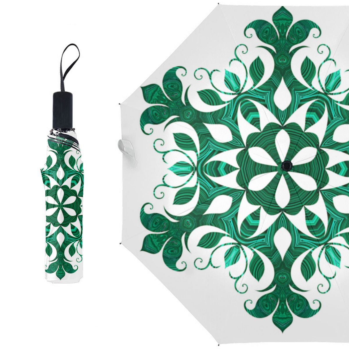 Green Snowflake Flower Pattern On White Fleece Umbrella No.CHJEXX