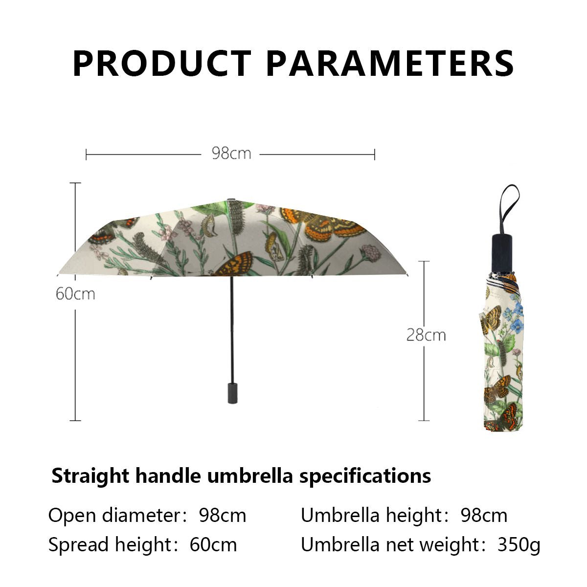 Butterflies And Flowers Vintage Illustration 1 Brushed Polyester Umbrella No.CUNKDN