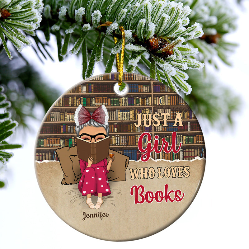 Christmas Reading Bookshelves Just A Girl Who Loves Books - Personalized Custom Circle Ceramic Ornament