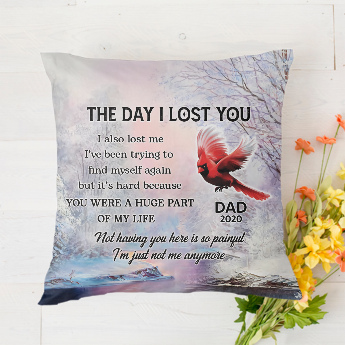 Cardinals In Forest Snow Memorial Personalized Polyester Linen Pillow