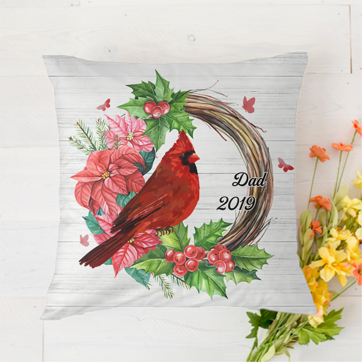 Cardinals Wreath Memorial Personalized Polyester Linen Pillow