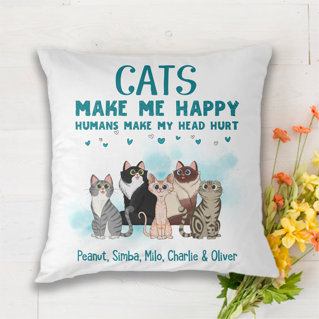 Cats Make Me Happy Sitting Cat Cartoon Personalized Pillow