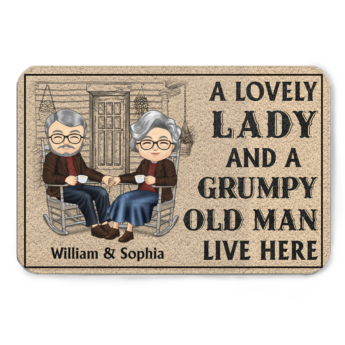 Chibi Old Couple A Lovely Lady And A Grumpy Old Man Live Here - カップルギフト - パーソナライズされたカスタムドアマット