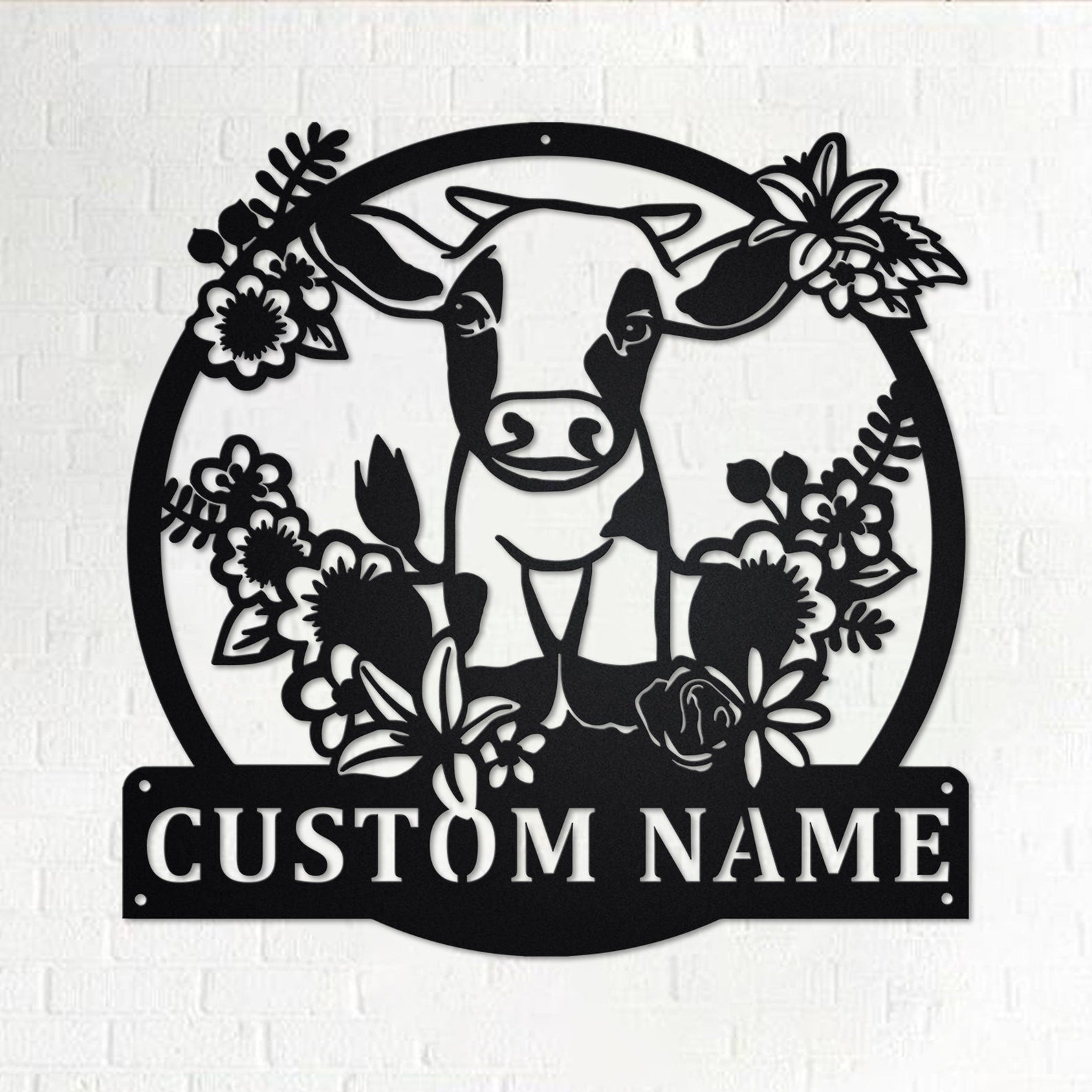 Custom Floral Cow Farm Metal Wall Art, Personalized Cow Farm Name Sign Decoration For Room