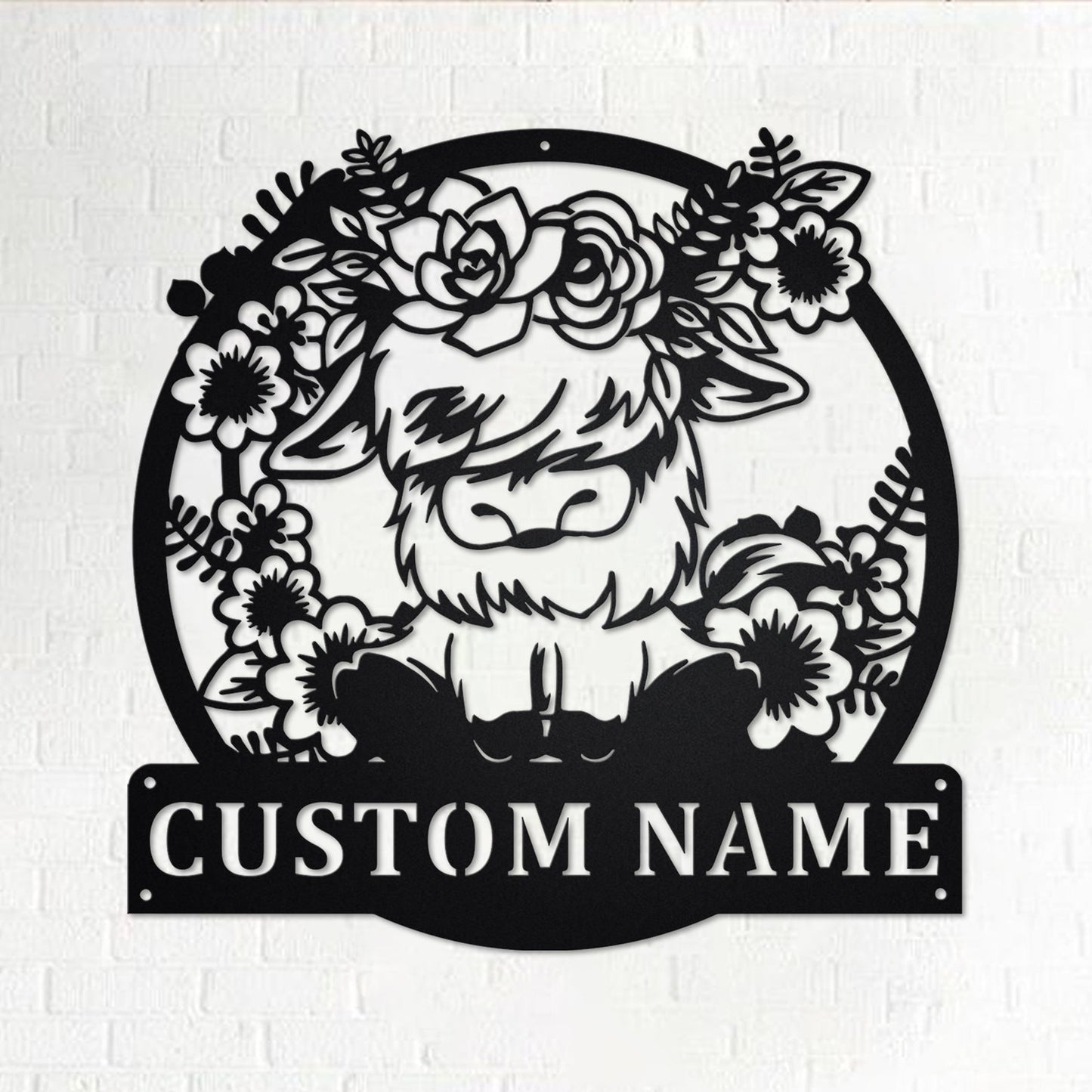 Custom Floral Highland Cow Metal Wall Art