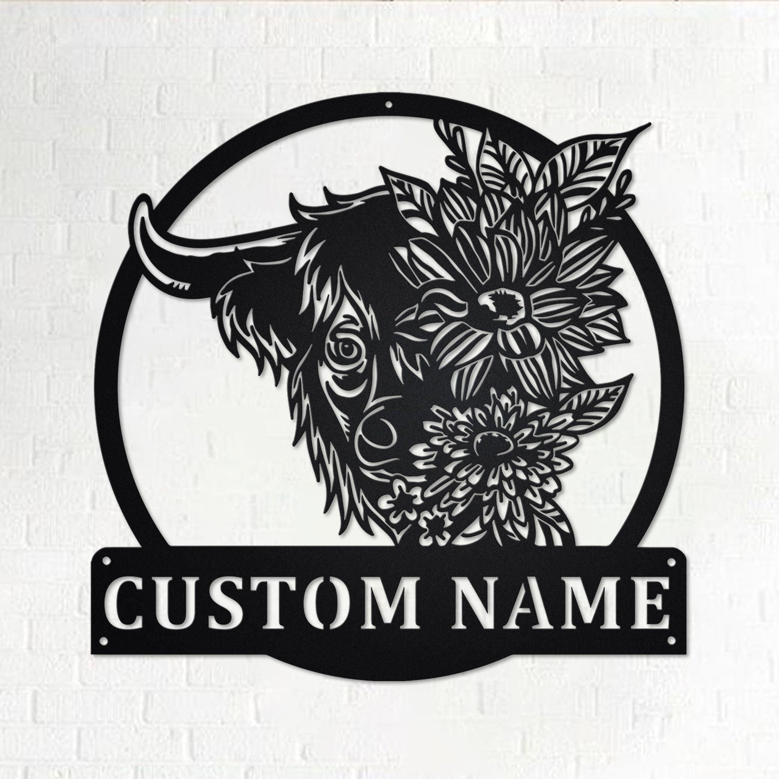 Custom Floral Highland Cow Metal Wall Art, Personalized Highland Cow Name Sign Decoration For Room