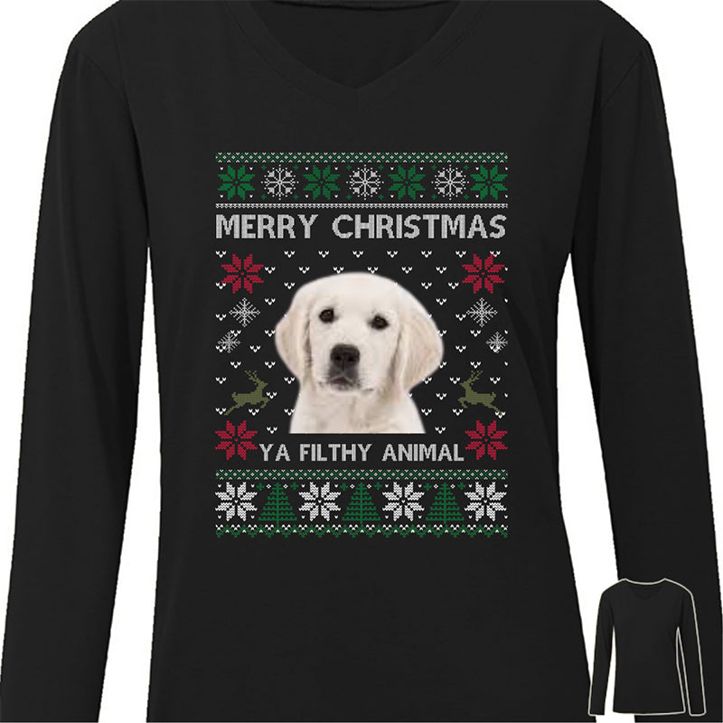 カスタムフォトクリスマス犬猫、犬猫愛好家のパーソナライズされた長袖シャツ