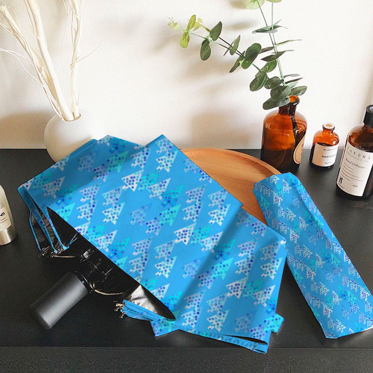 Modern Flower Christmas Trees - Sky Blue Brushed Polyester Umbrella No.DJ4Z9T