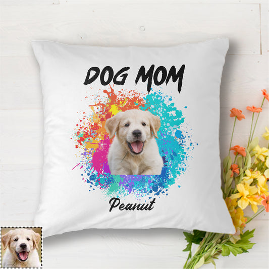 Dog Mom Watercolor Splash Dog Photo Personalized Polyester Linen Pillow
