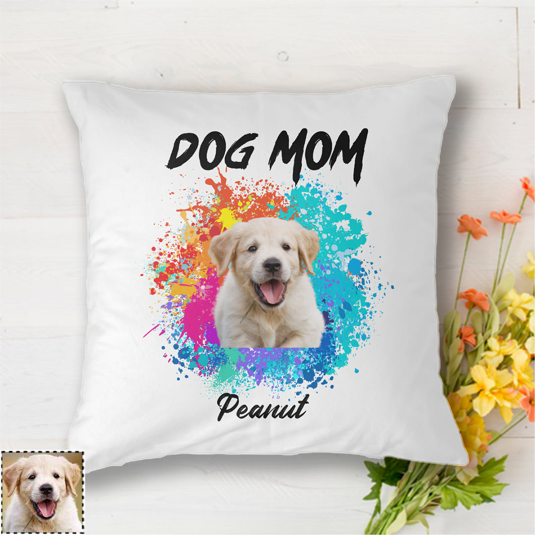Dog Mom 水彩スプラッシュ 犬の写真 パーソナライズされたポリエステルリネン枕