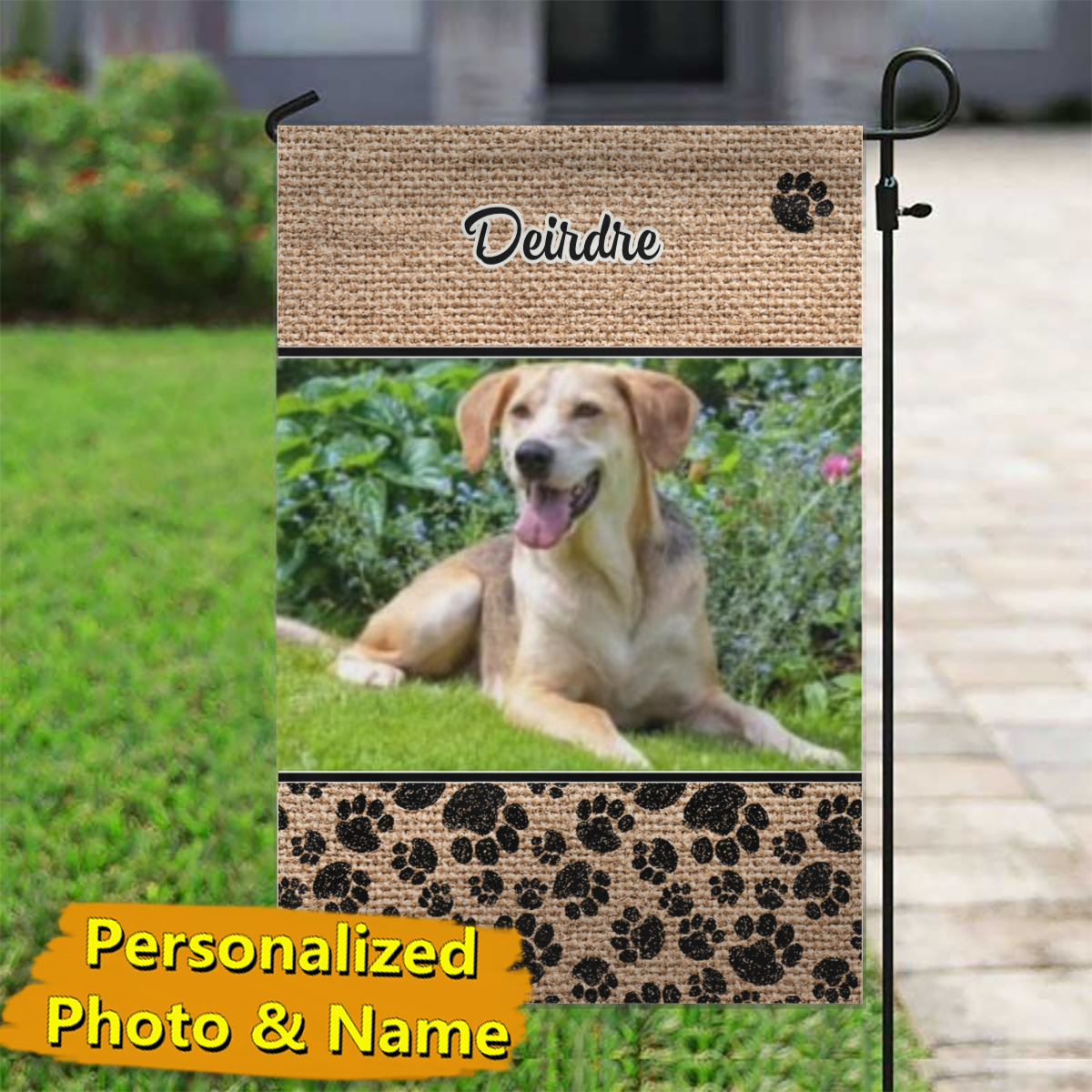 Dog Paws & Burlap – Personalized Photo & Name – Garden Flag & House Flag