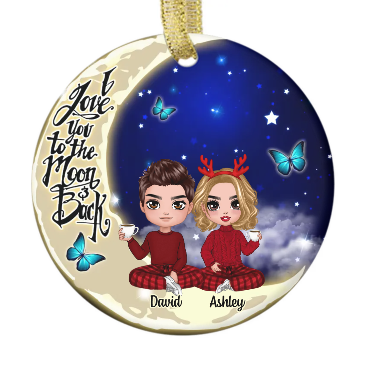 Doll Couple Sitting On Moon Personalized Circle Ornament