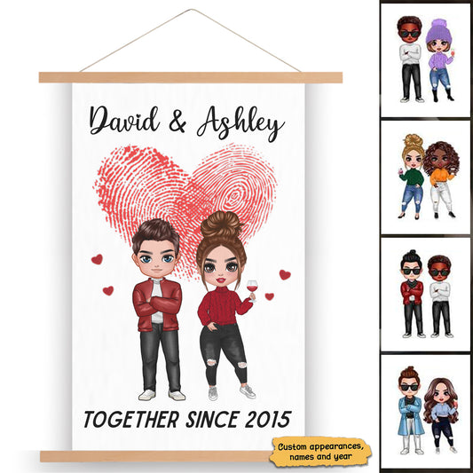 Doll Couple Together Since Anniversary Gift Personalized Wall Scroll Painting  With Wooden Poster Hanger