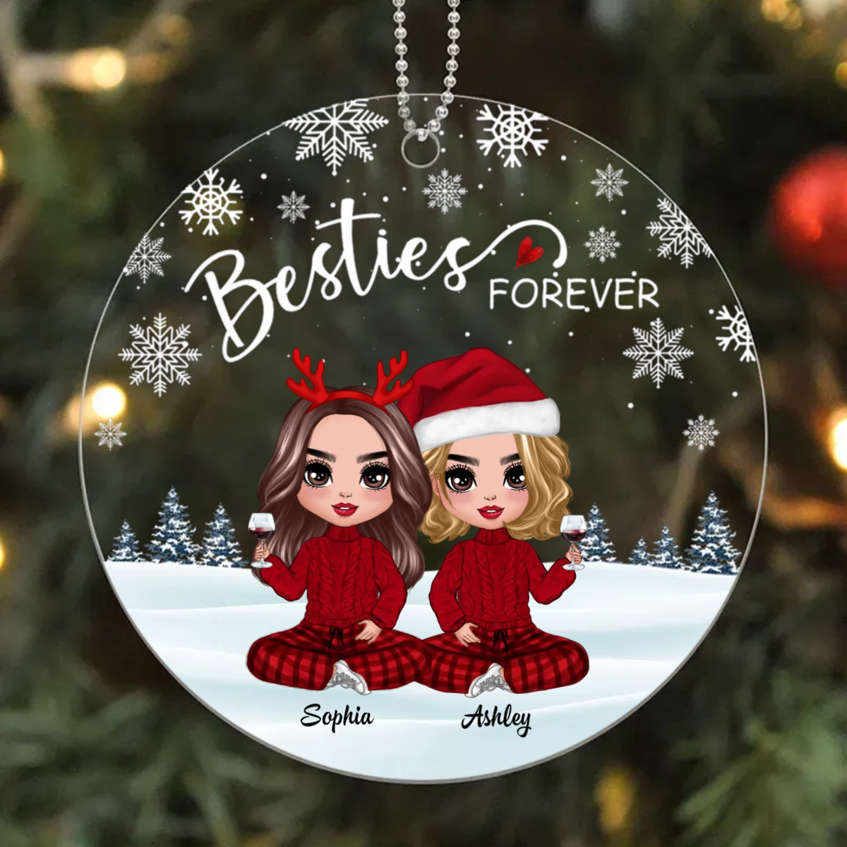 Doll Besties Sitting Snow Background Personalized Acrylic Ornament