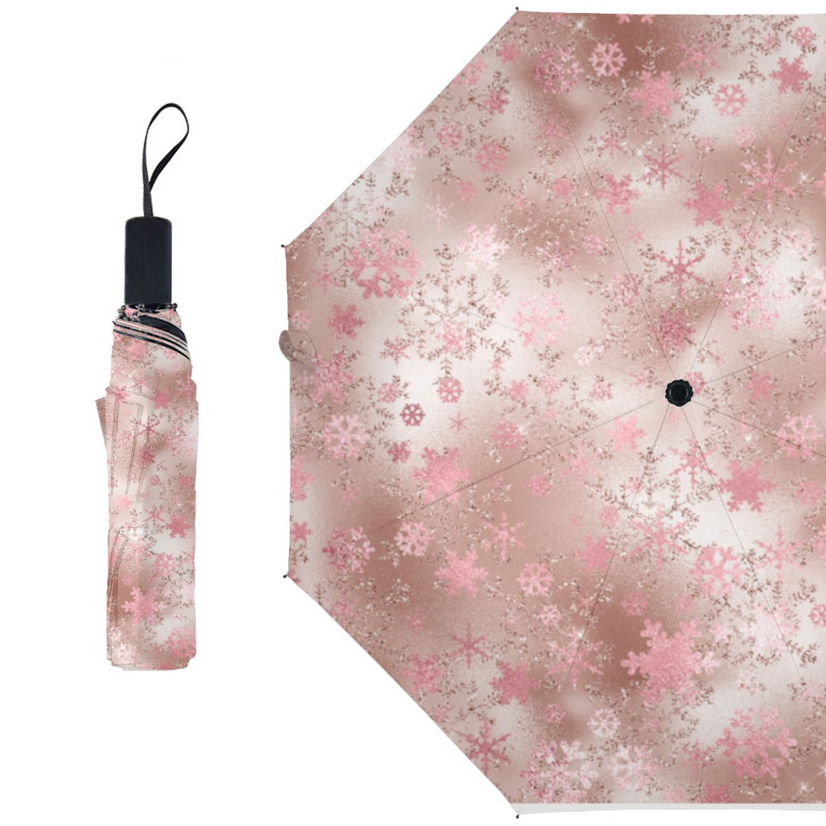 Elegant Rose Gold Christmas Snowflake Pattern Brushed Polyester Umbrella No.ESUX29