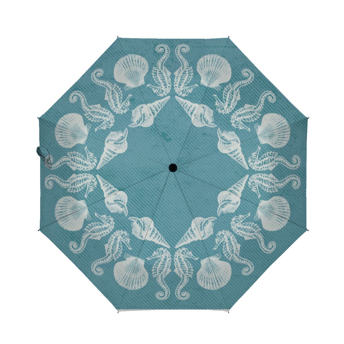 Vintage Beach Cottage Seashells White Blue Brushed Polyester Umbrella No.ETD4HM