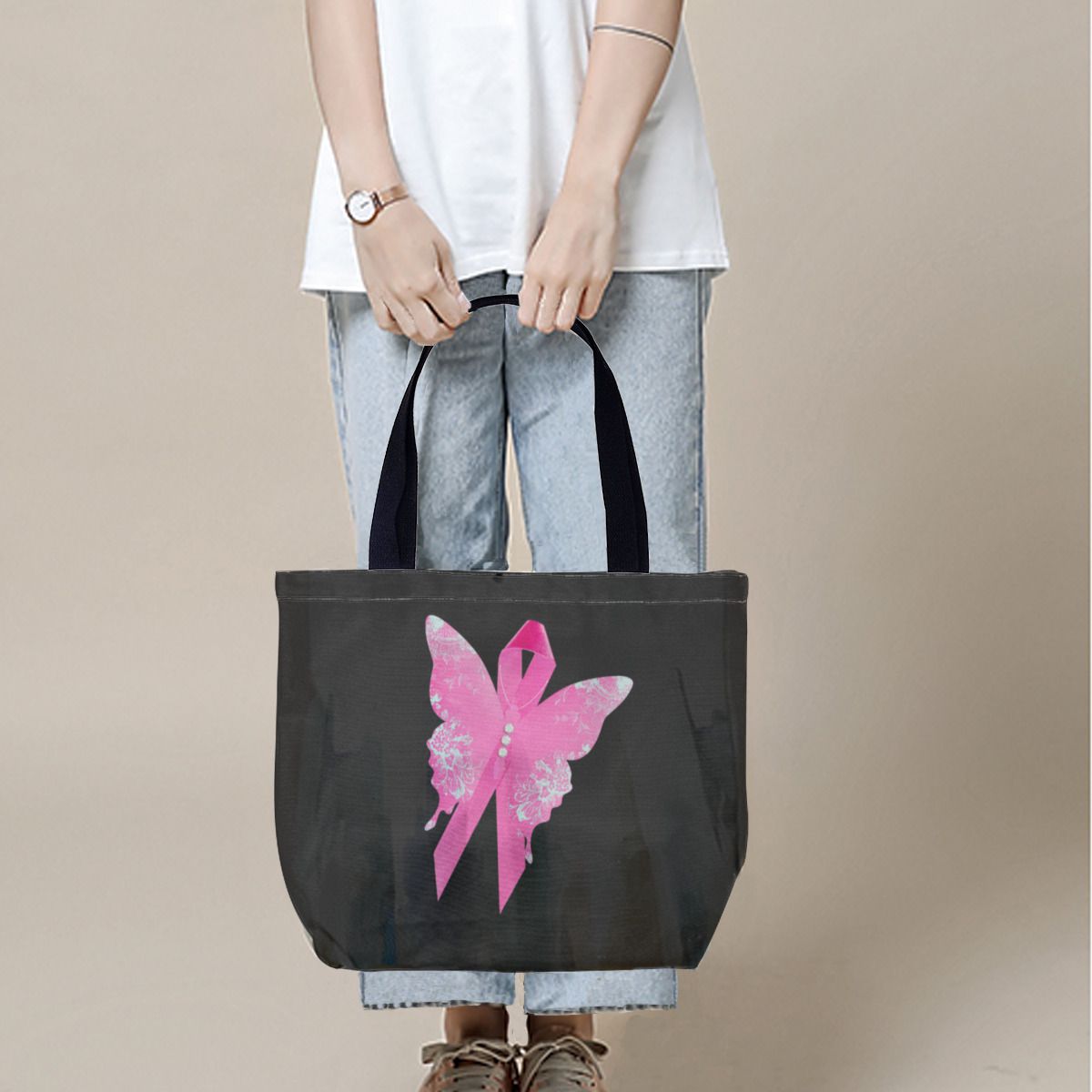 Pink Ribbon Butterfly Black Canvas Bag NO. 9D8Z6J