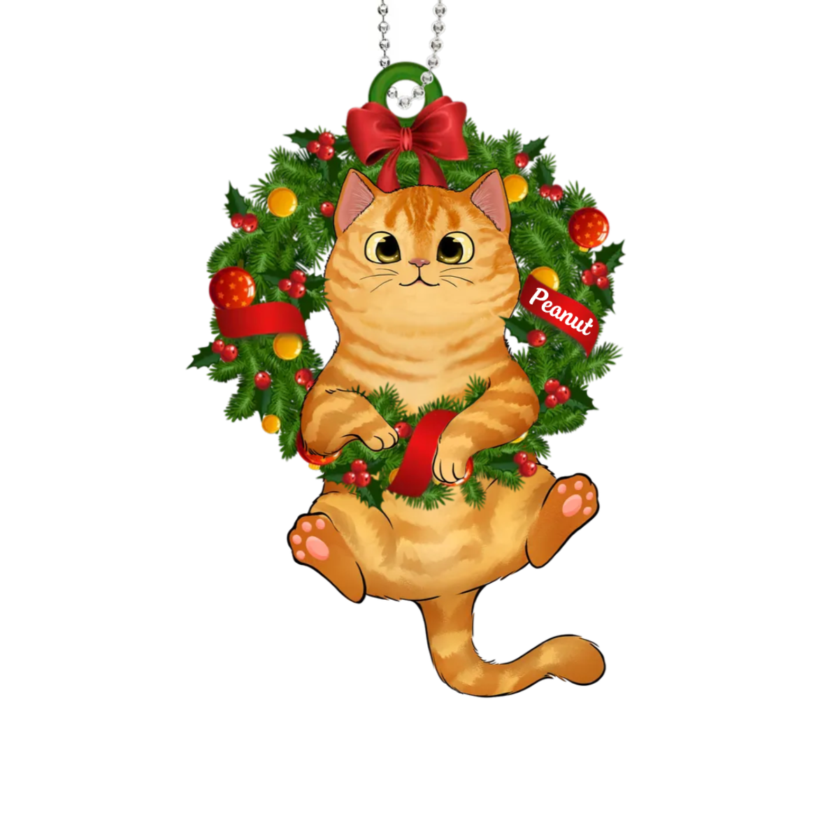 Fluffy Cat On Christmas Wreath Personalized Metal Ornament