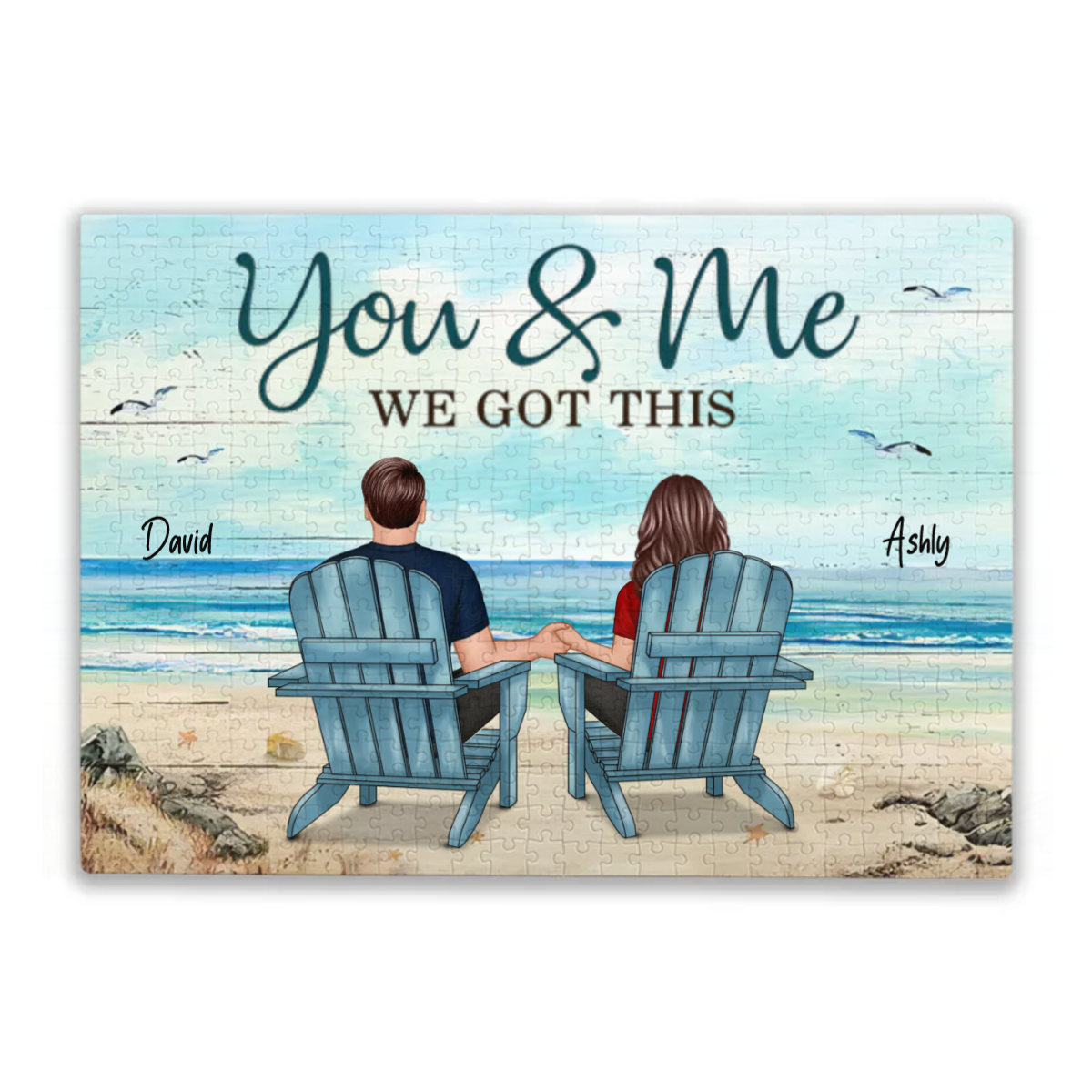 後ろ姿のカップル 座っているビーチの風景 You &amp; Me We Got This Personalized Horizo​​ntal Puzzle