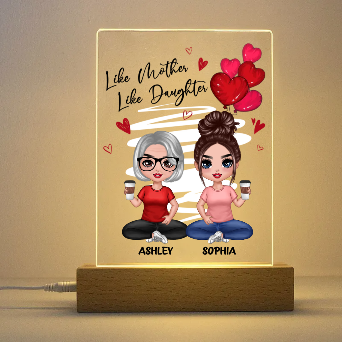 Red Hearts Like Mother Like Daughters Doll Mom And Daughters Sitting Gift For Mom Daughters Personalized Rectangle Acrylic Plaque LED Night Light