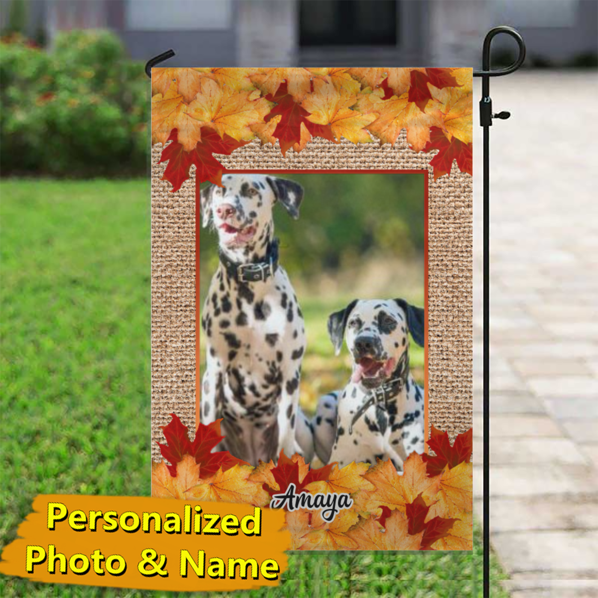 Fall Leaves and Burlap – Personalized Photo & Name – Garden Flag & House Flag