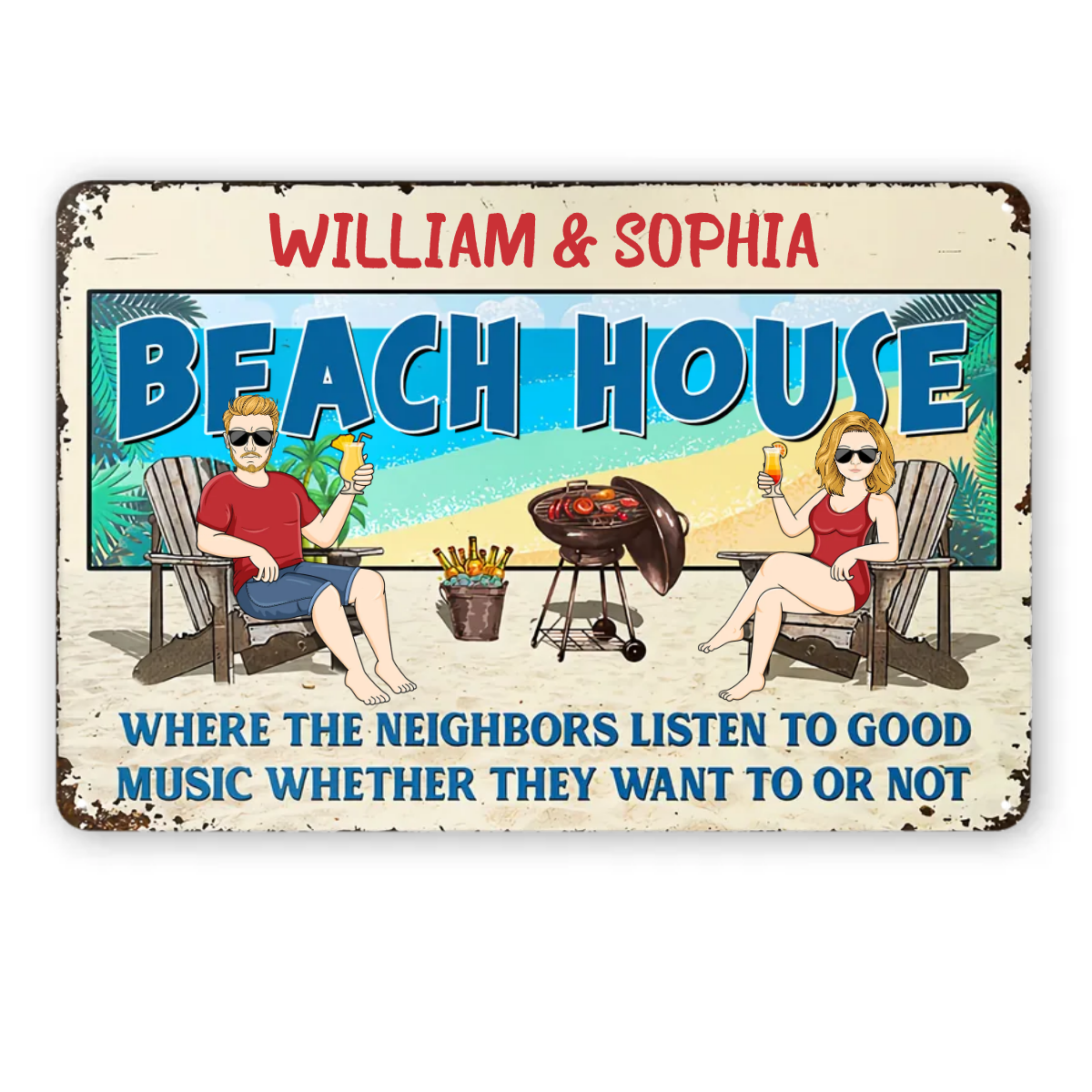 Family Couple Beach House Listen To Good Music - Personalized Custom Classic Metal Signs