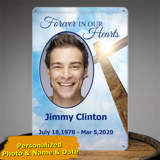 Forever in our Hearts Cross Personalized Photo Memorial Tin Signs