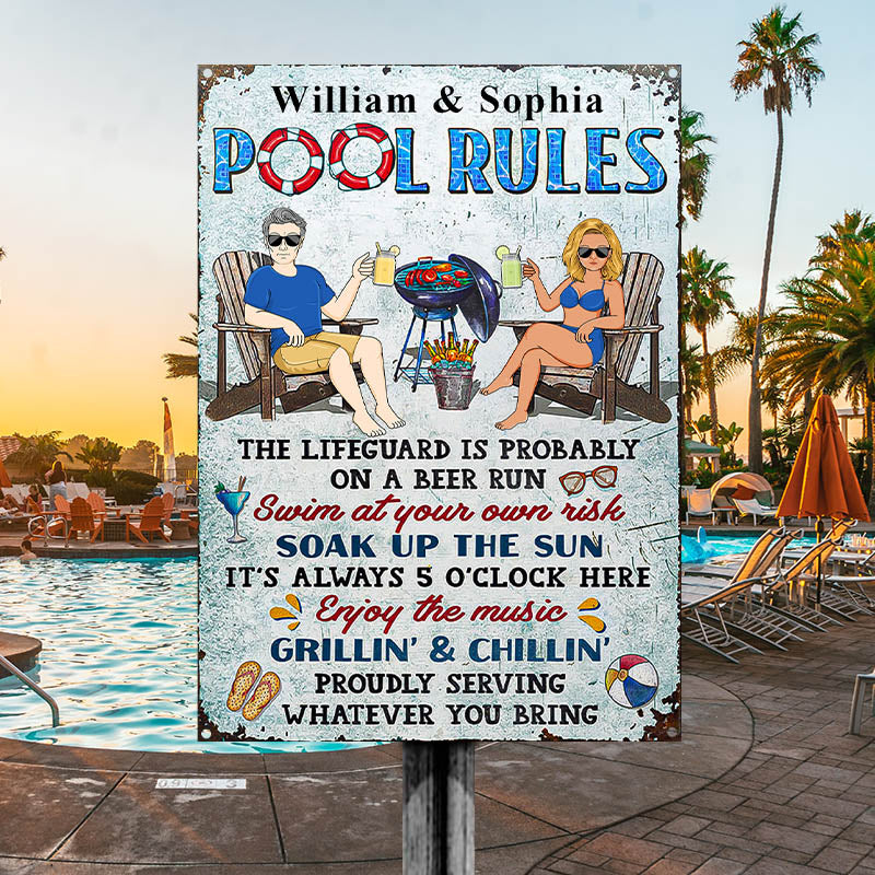 Pool Rules Swim At Your Own Risk Grilling Couple Husband Wife - Backyard Sign - Personalized Custom Classic Metal Signs